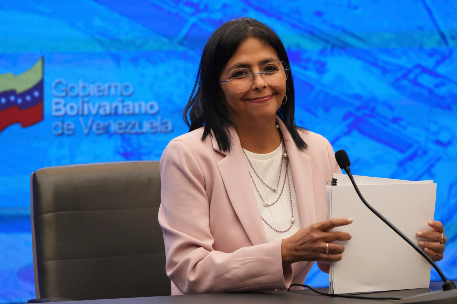 FILE - Venezuelan Vice President Delcy Rodriguez smiles during a press conference at the Miraflores...