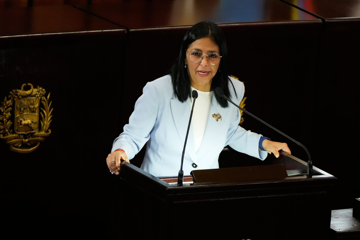 Venezuelan acting President Delcy Rodriguez speaks during a ceremony marking the opening of the new...