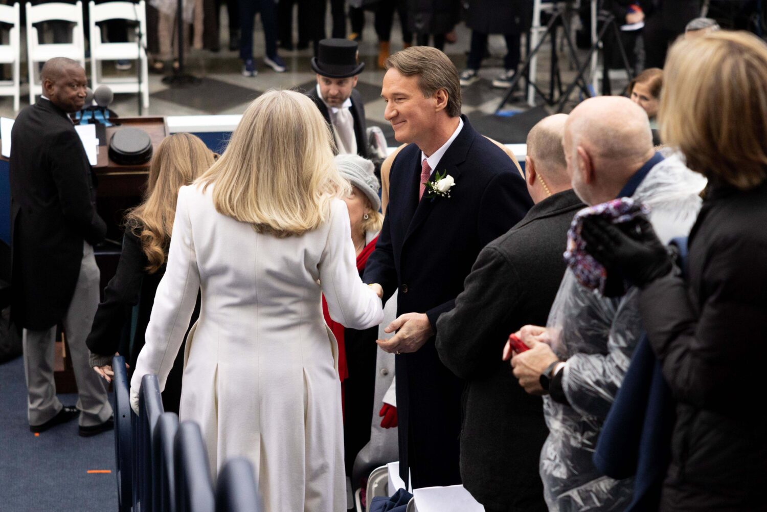 Gov.-Elect Abigail Spanberger greets Governor Glenn Youngkin during Inauguration Day at the Virgini...