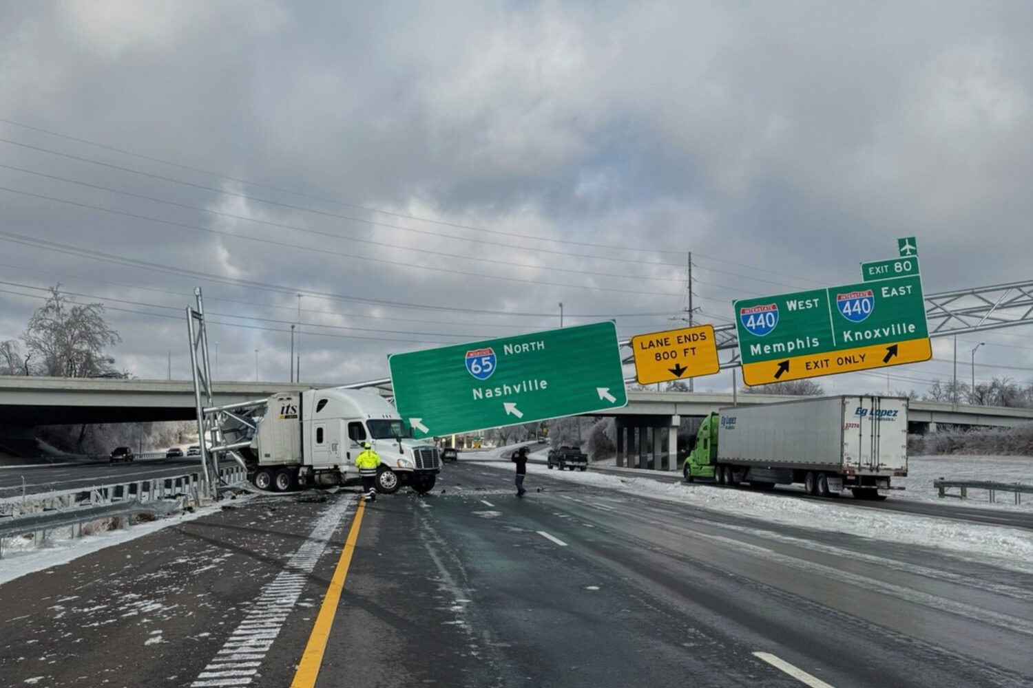 This photo provided by Metropolitan Nashville Police Department shows the wreckage of a tractor tra...