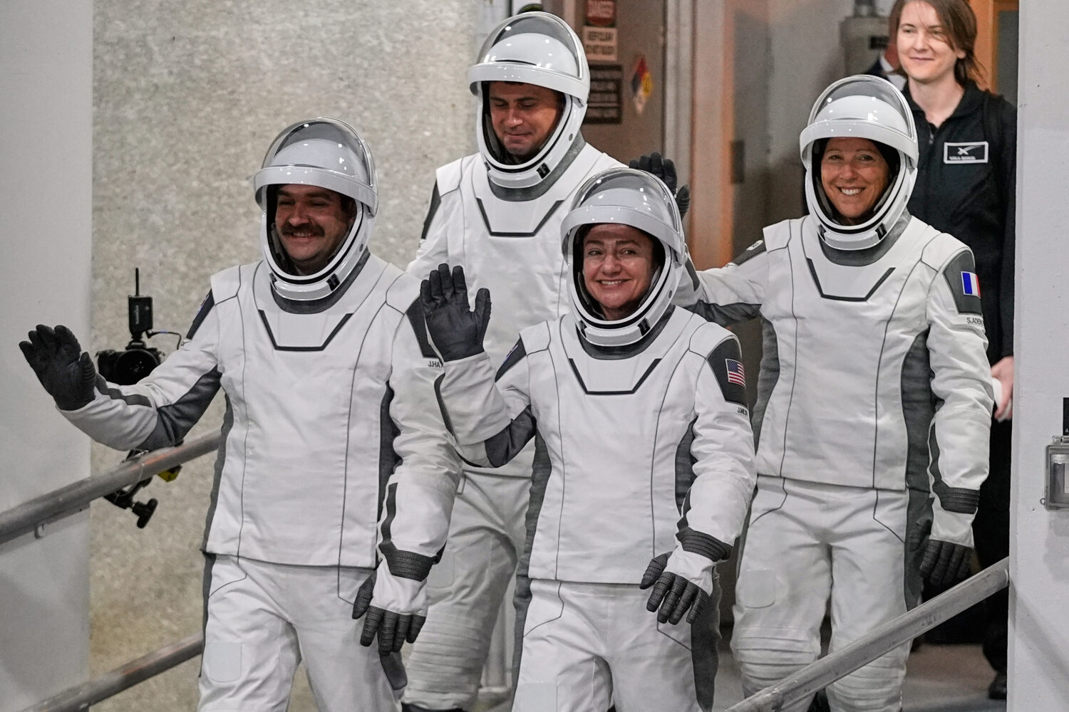 Crew 12 mission astronauts, from left, pilot Jack Hathaway, Russian cosmonaut Andrei Fedyaev, comma...