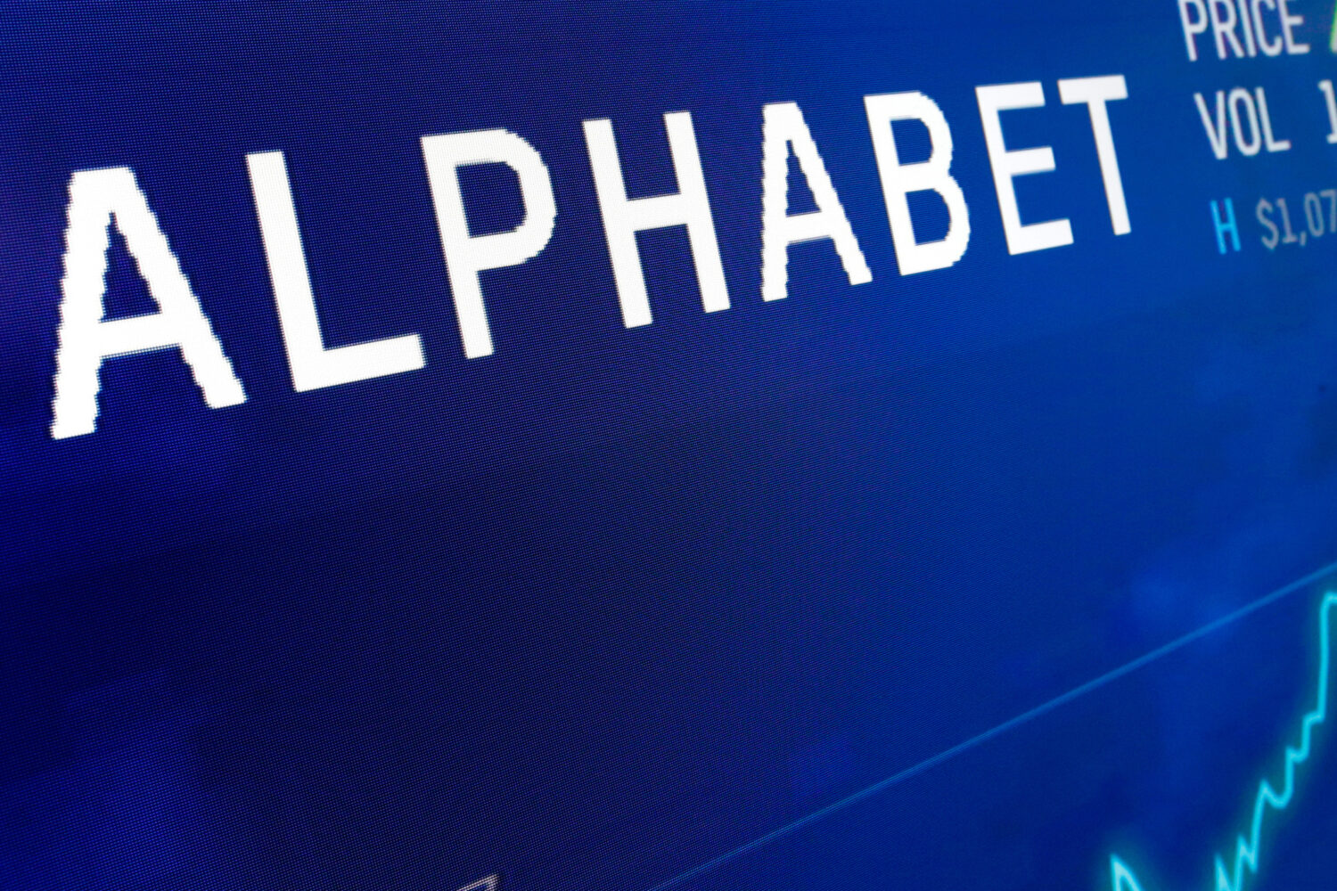 FILE - The logo for Alphabet appears on a screen at the Nasdaq MarketSite in New York, Feb. 14, 201...