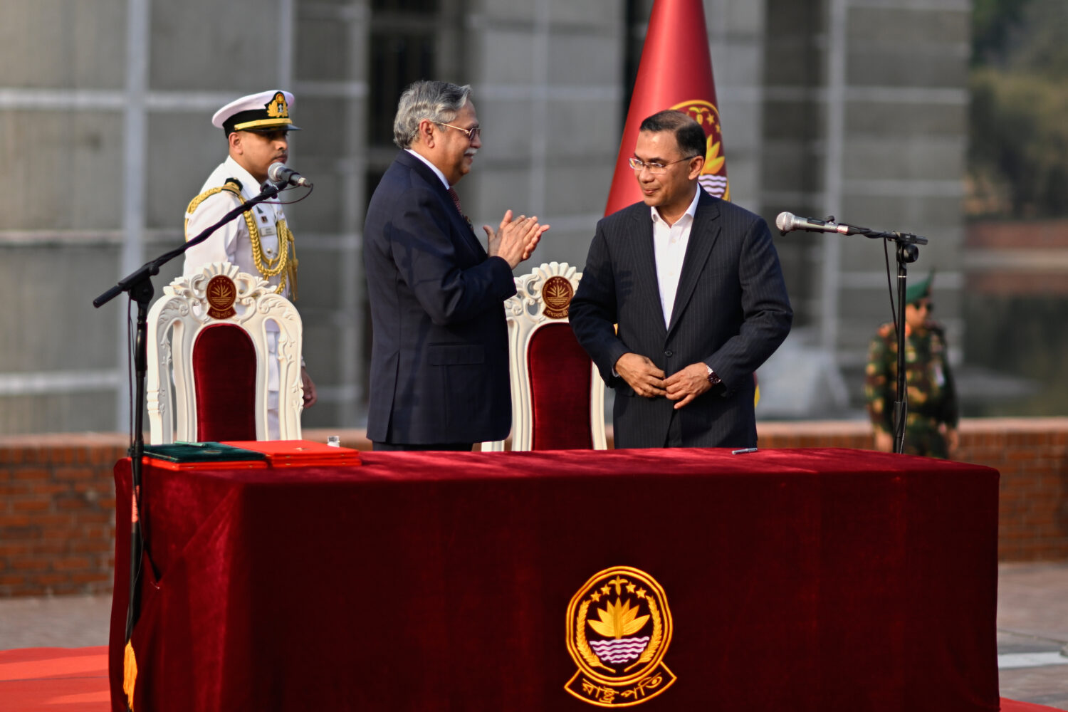 President of Bangladesh Mohammed Shahabuddin, left, congratulates Tarique Rahman, Chairperson of th...