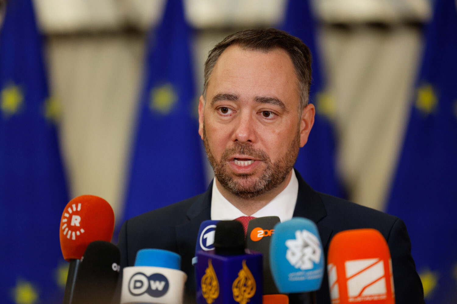 Belgium's Foreign Minister Maxime Prevot speaks with the media as he arrives for a meeting of EU fo...