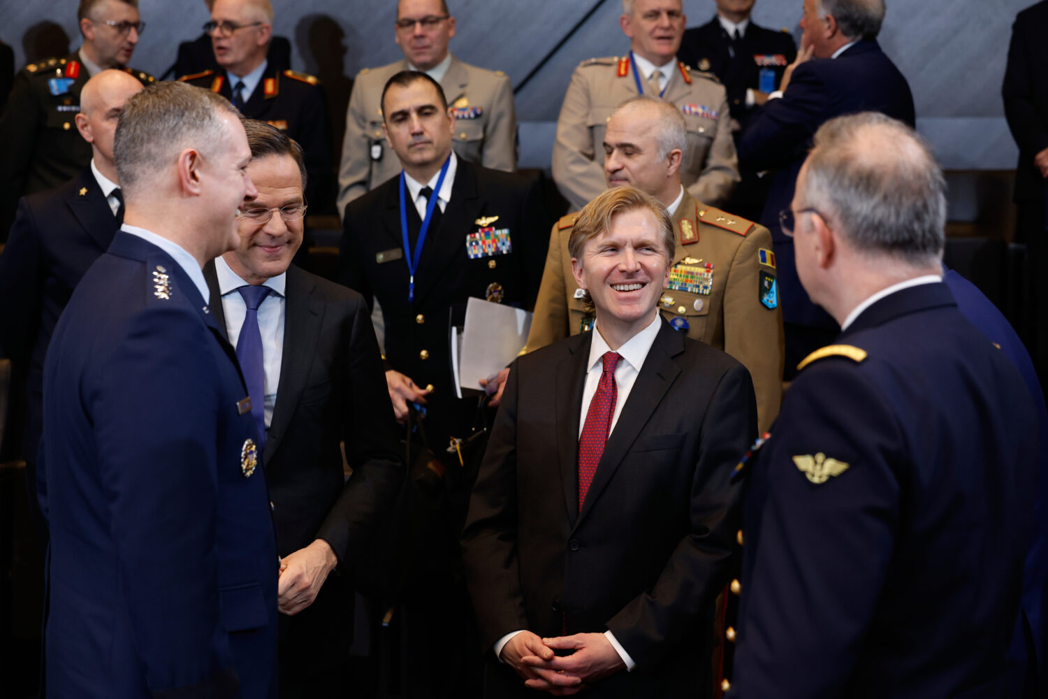 NATO Secretary General Mark Rutte, second left, introduces United States Undersecretary of Defense ...