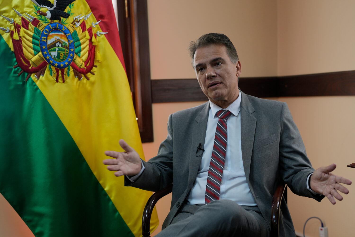 Bolivia's Vice Minister of Social Defense and Controlled Substances Ernesto Justiniano gives an int...