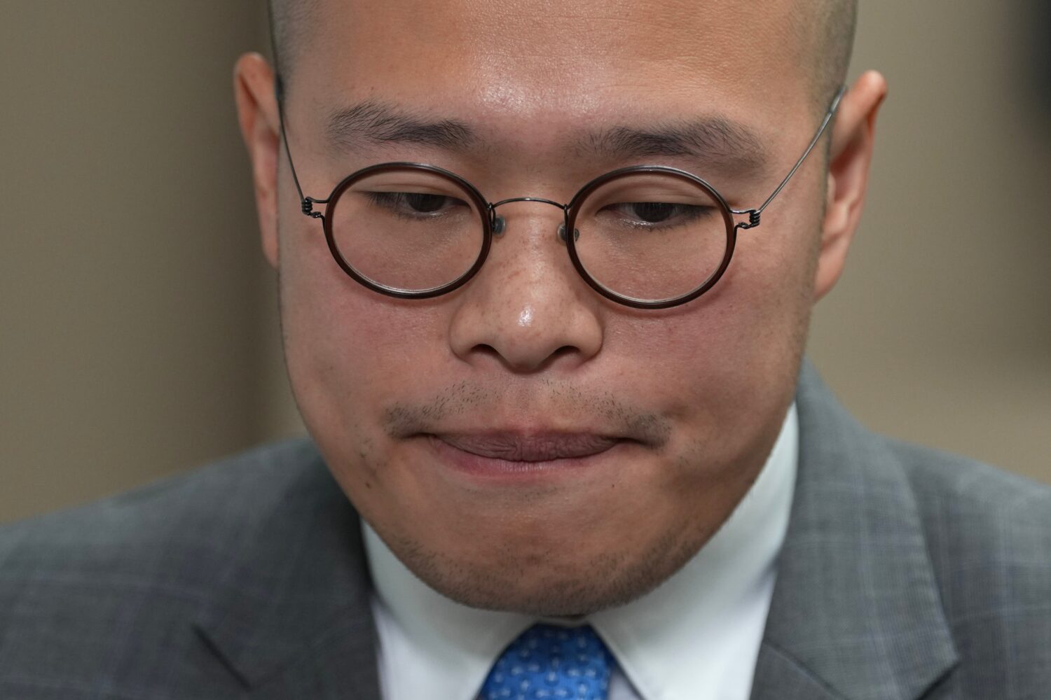 Sebastien Lai, son of Jimmy Lai, speaks during an interview with the Associated Press in London, Mo...