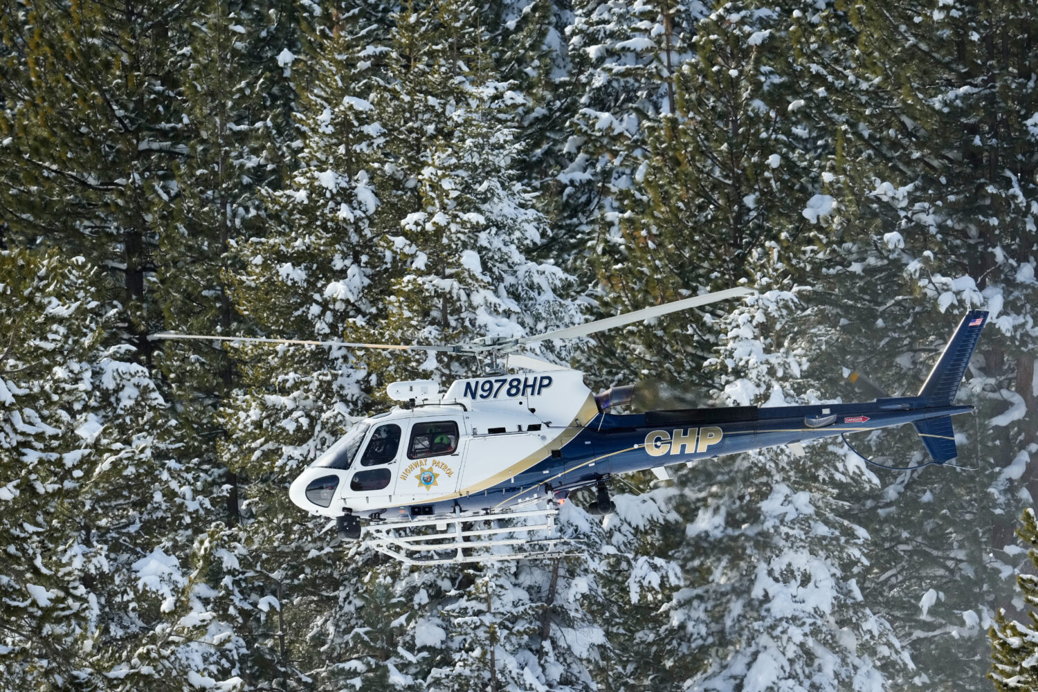 A California Highway Patrol search and rescue crew flies over a forest as recovery efforts for a gr...
