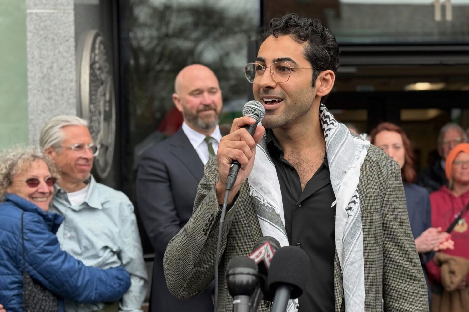 FILE - Mohsen Mahdawi speaks outside the courthouse after a judge released the Palestinian student ...
