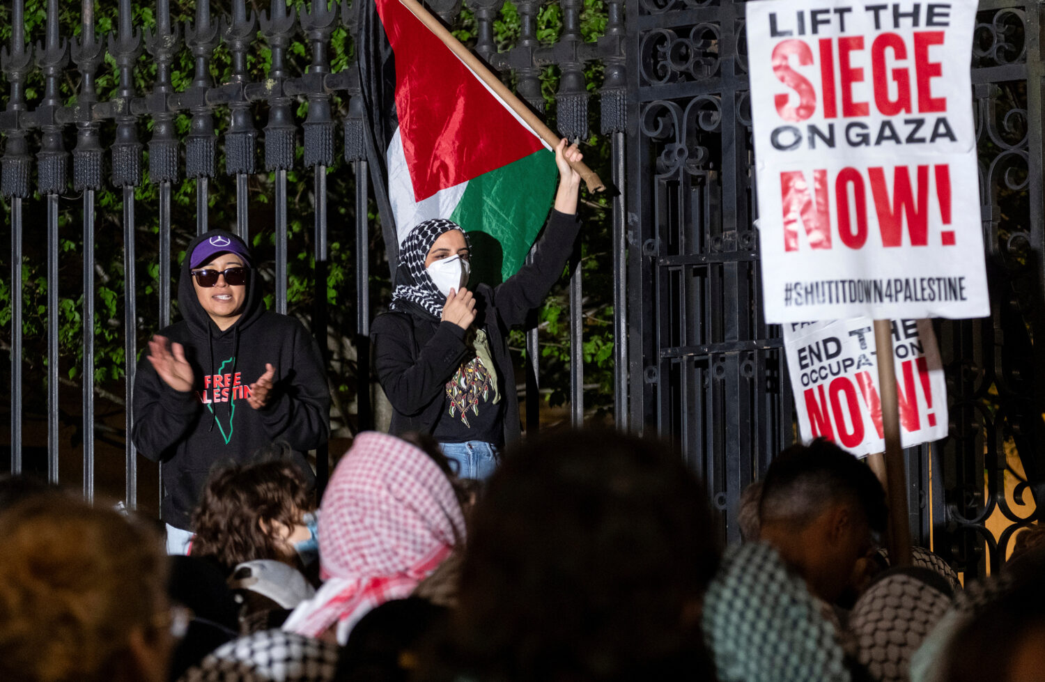 FILE - Leqaa Kordia, center, demonstrates with pro-Palestianian protesters at Columbia University i...