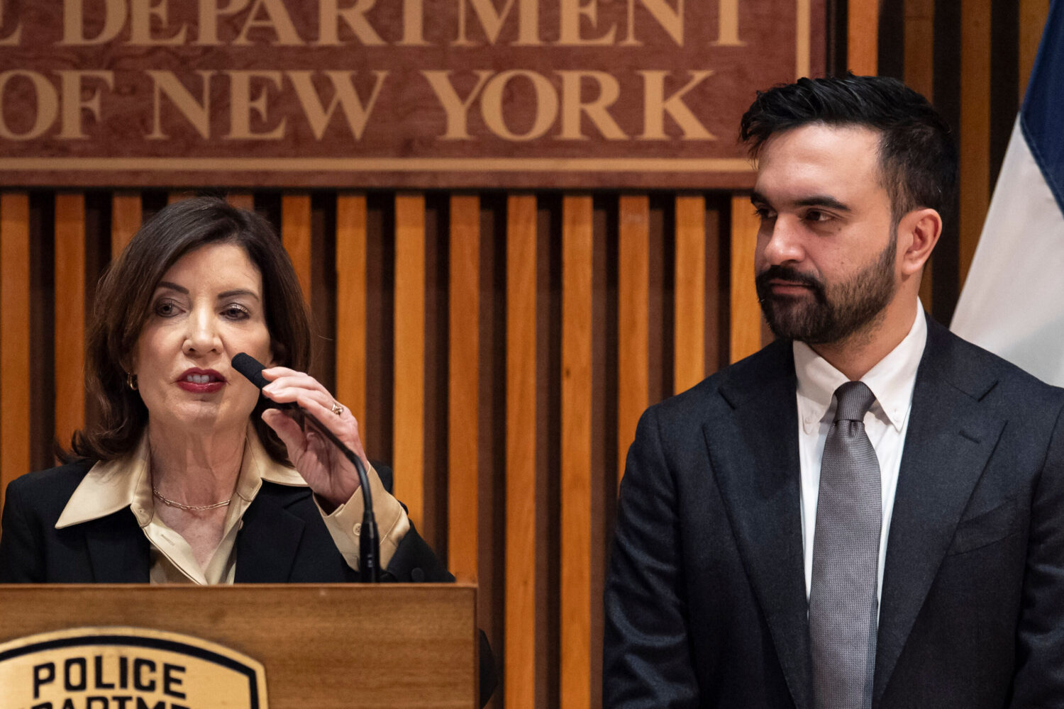 FILE - New York Governor Kathy Hochul speaks during a press conference with New York Mayor Zohran M...