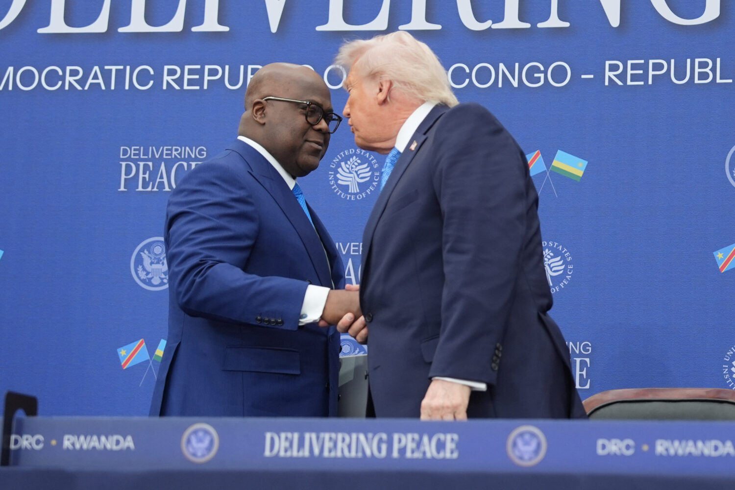 FILE - President Donald Trump greets Democratic Republic of the Congo President Felix Tshisekedi at...