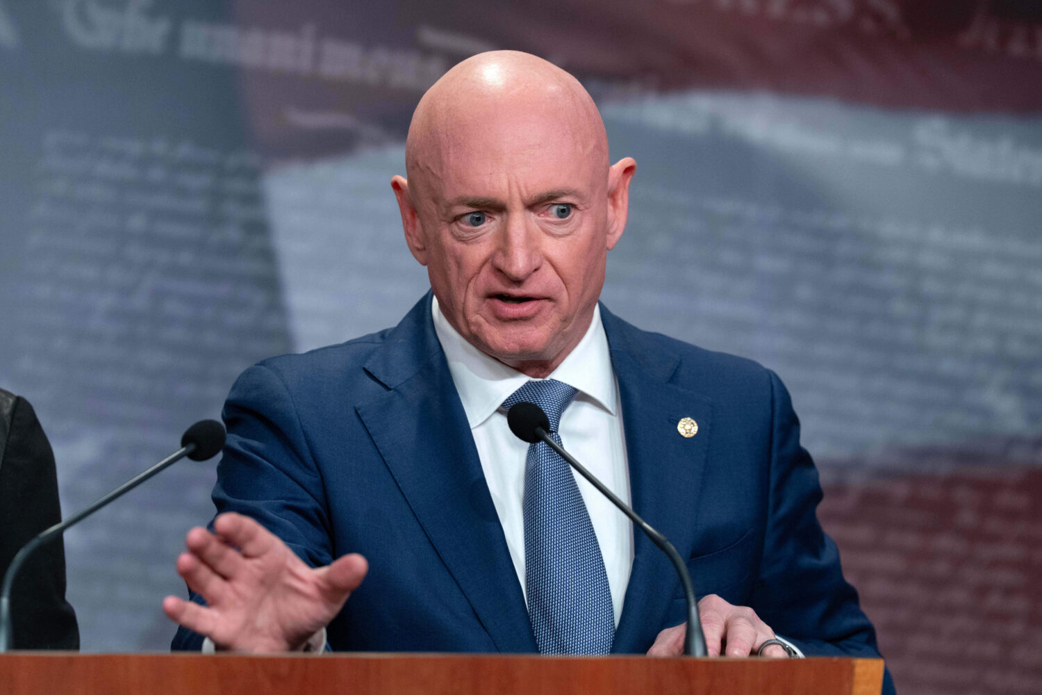 Sen. Mark Kelly, D-Ariz., speaks during a news conference at Capitol Hill, Wednesday, Feb. 11, 2026...