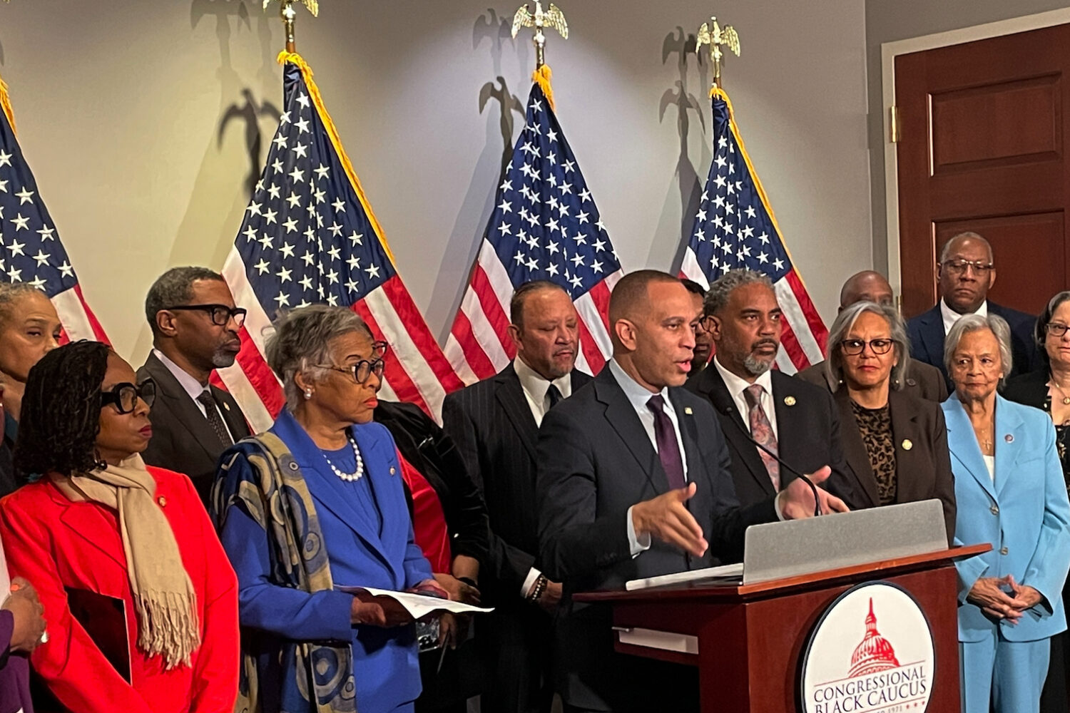 House Minority Leader Hakeem Jeffries, D-N.Y., speaks during a press conference of the Congressiona...