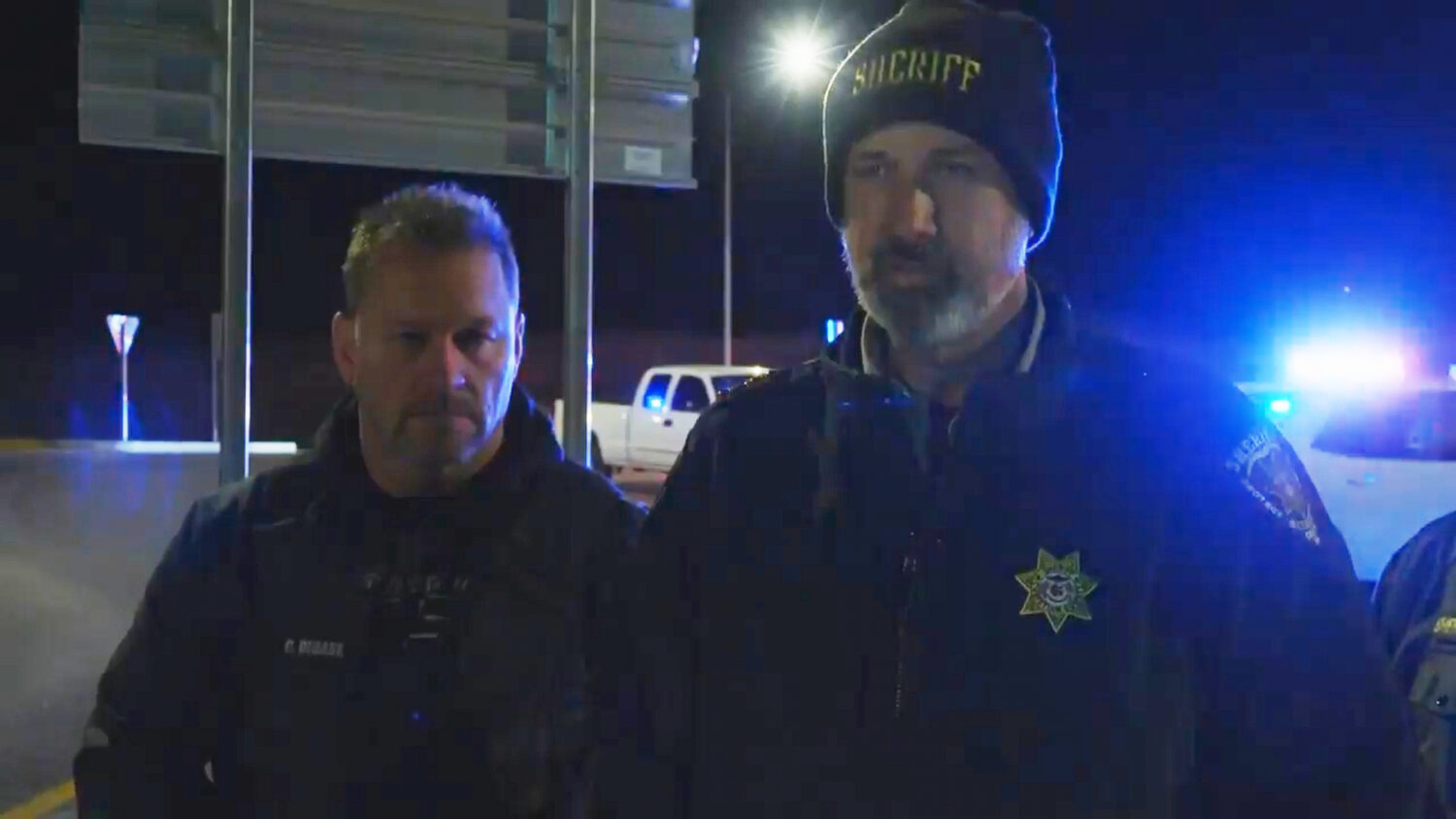 Christian County, Missouri Sheriff Brad Cole speaking to reporters early Tuesday, Feb.24, 2026 in C...