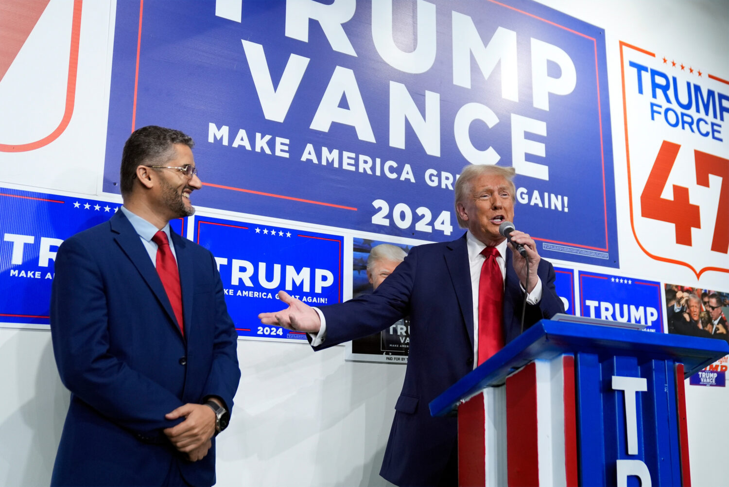 FILE - Republican presidential nominee former President Donald Trump speaks as Hamtramck Mayor Amer...