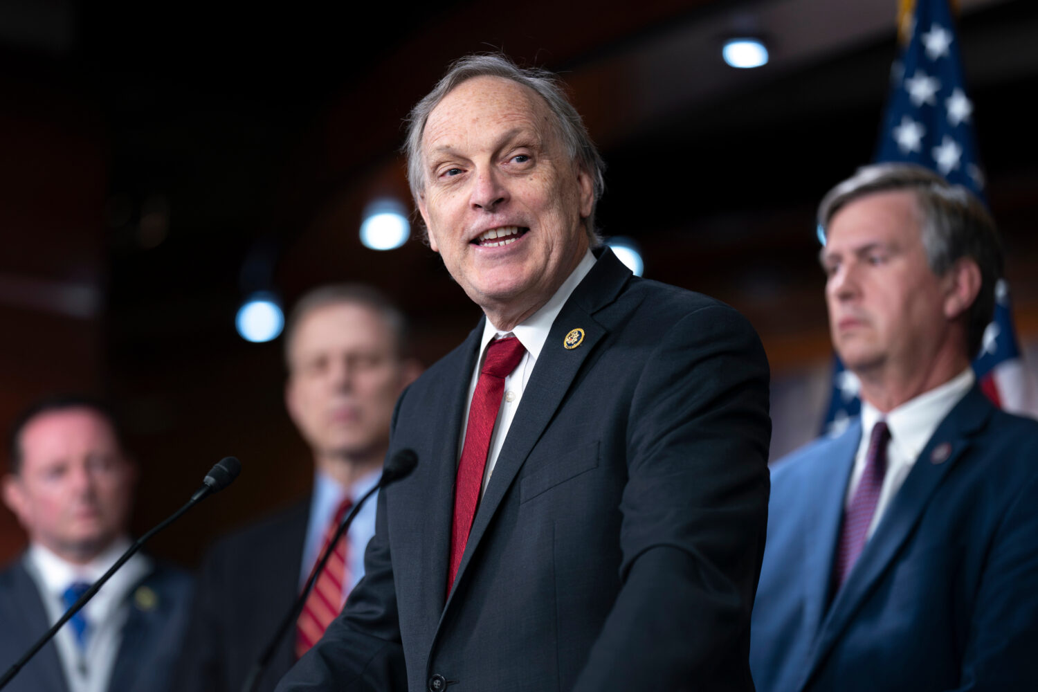 FILE - Rep. Andy Biggs, R-Ariz., speaks as members of the conservative House Freedom Caucus tell re...