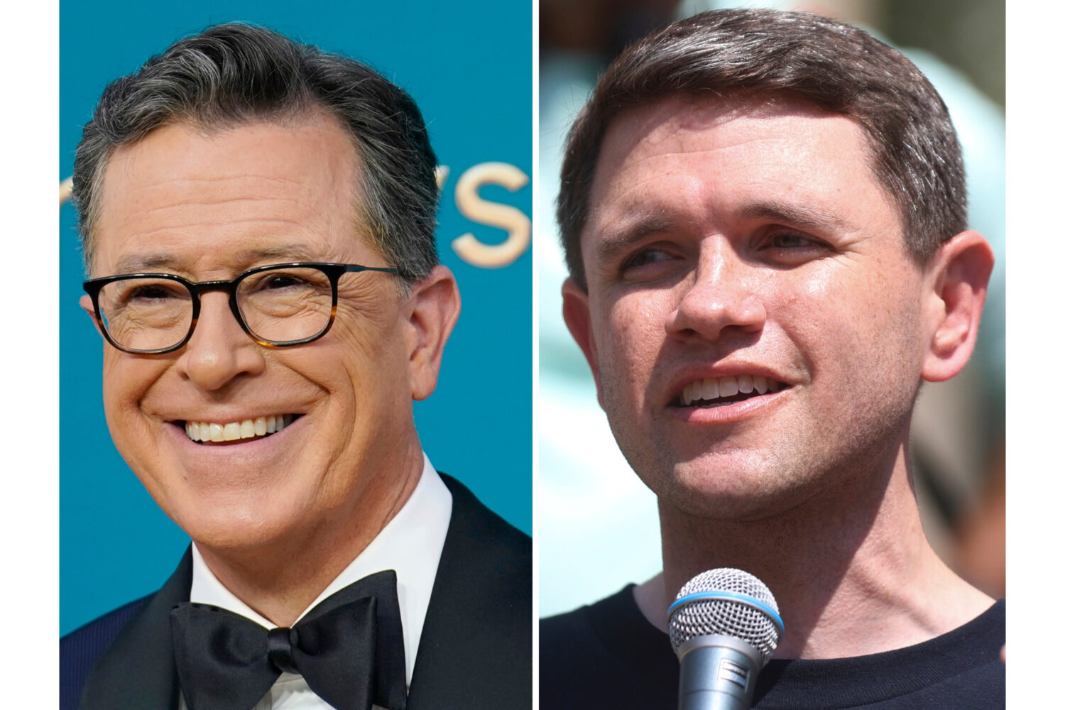 FILE - This photo combination shows Stephen Colbert, left, in Los Angeles, Sept. 12, 2022 and Texas...