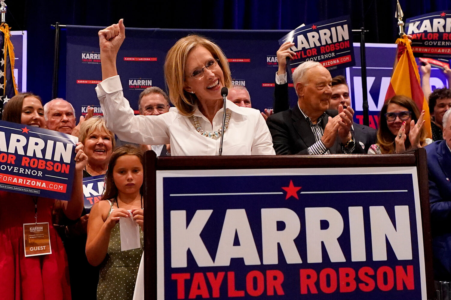 FILE - Republican Arizona Gubernatorial candidate Karrin Taylor Robson speaks to supporters at a ca...