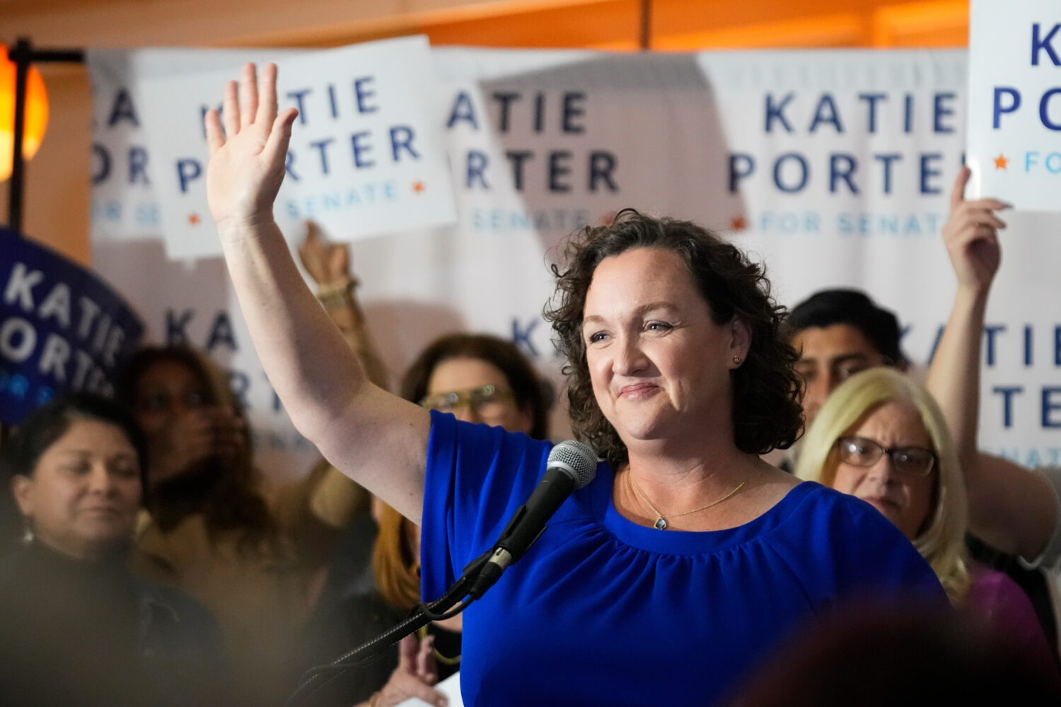 FILE - U.S. Rep. Katie Porter, D-Calif., waves at supporters at an election party, March 5, 2024, i...