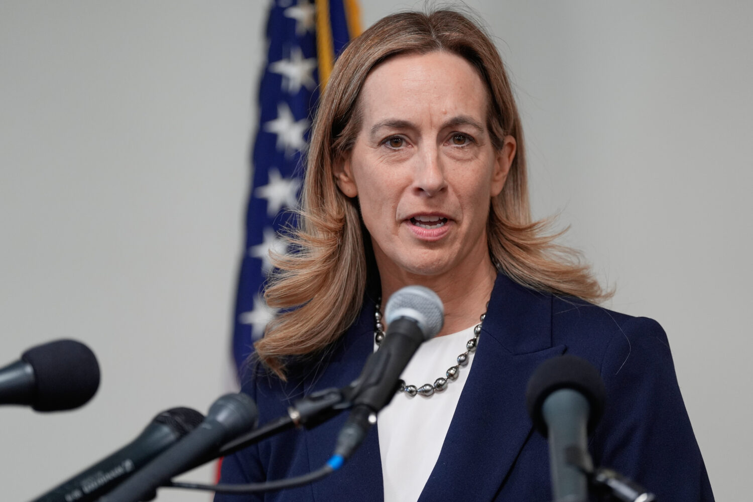 FILE - New Jersey Gov. Mikie Sherrill talks to reporters during a news conference in Trenton, N.J.,...