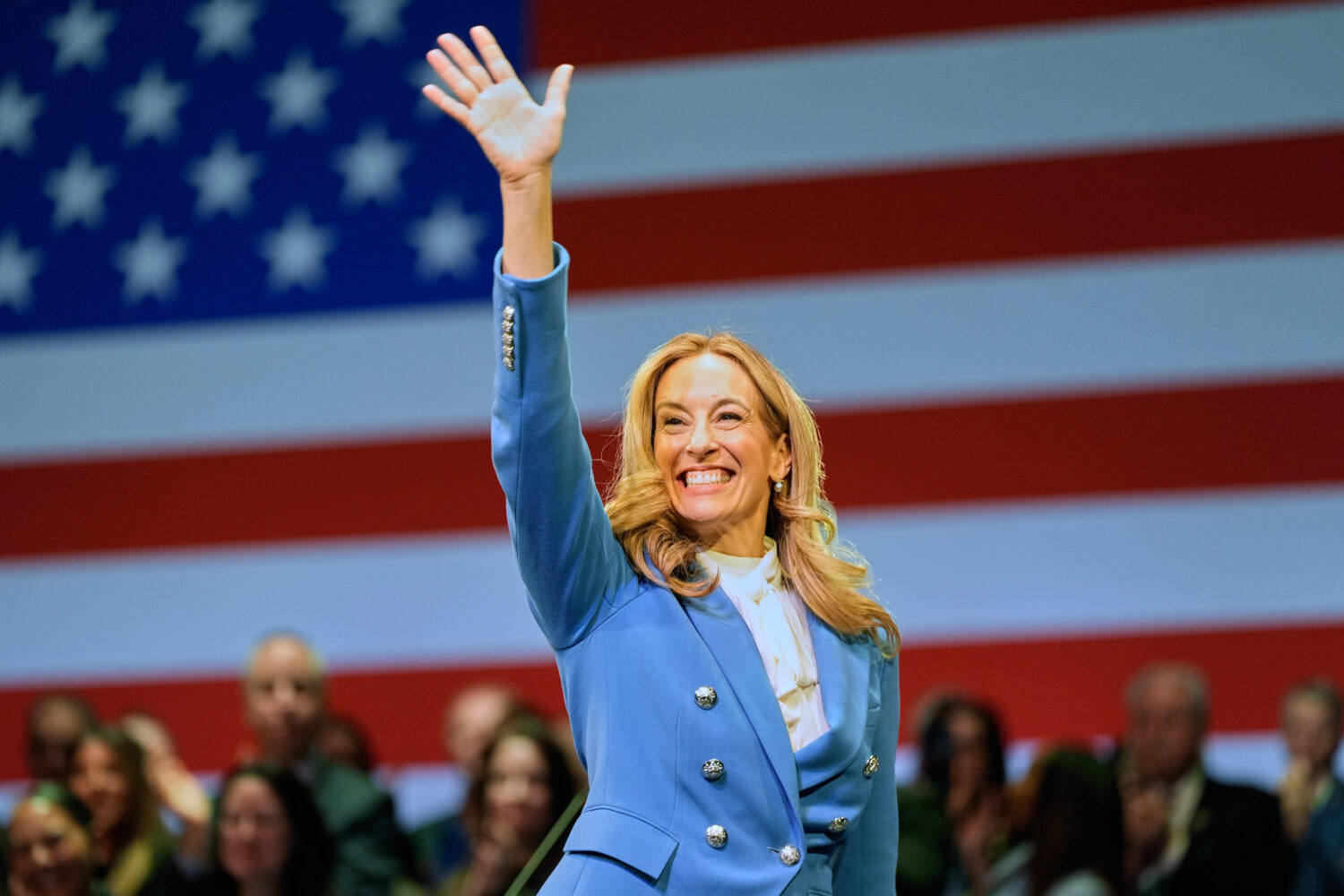 FILE - New Jersey Gov. Mikie Sherrill waves during her inauguration ceremony in Newark, N.J., Tuesd...