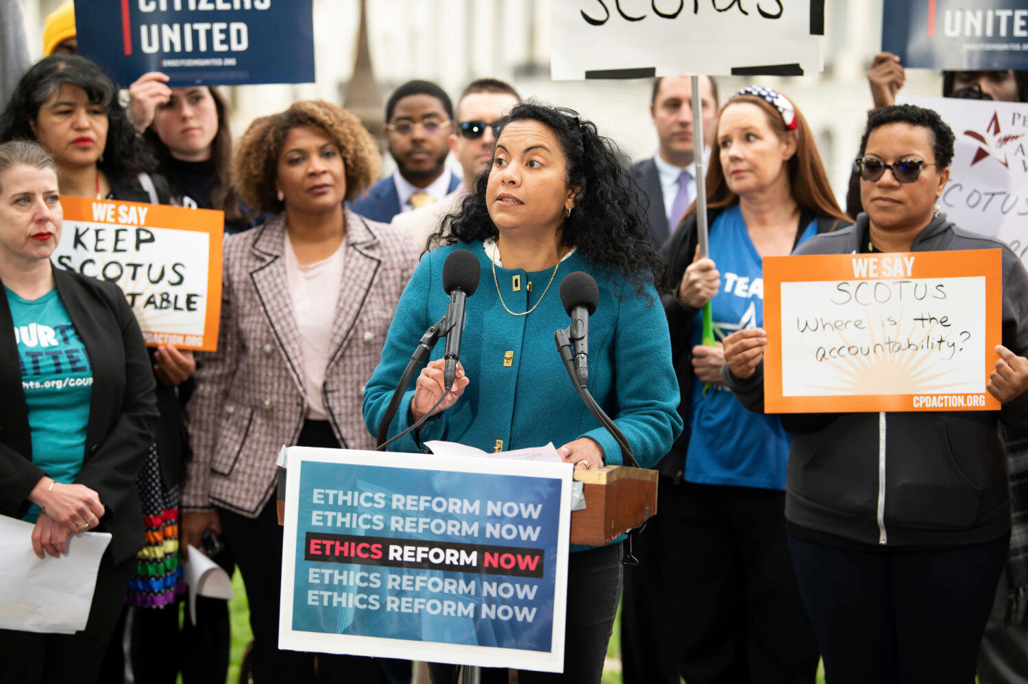 FILE - Analilia Mejia, center, speaks during a rally calling for SCOTUS ethics reform, May 2, 2023,...