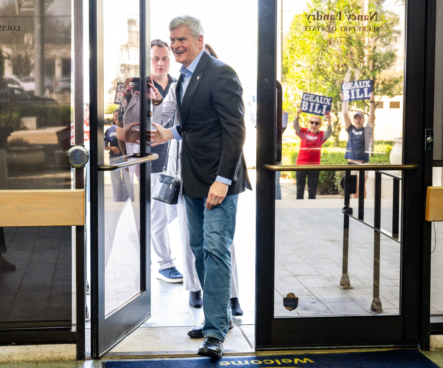 U.S. Sen. Bill Cassidy, R-La., arrives at the Secretary of State Archives building in Baton Rouge, ...