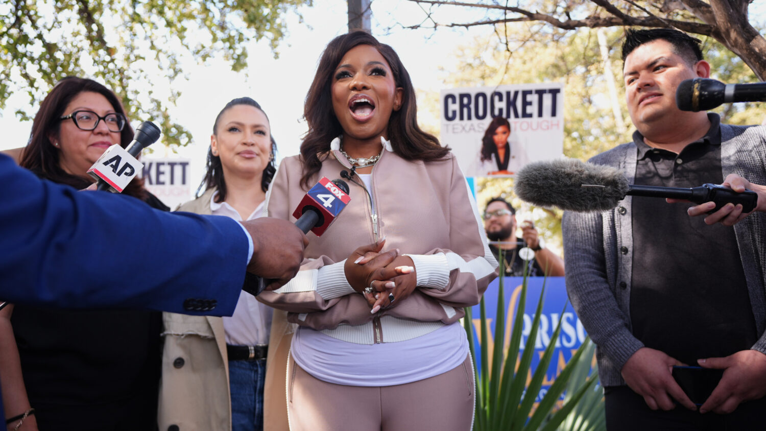 Primary candidate for U.S. Senate Rep. Jasmine Crockett, D-Texas, speaks to reporters and supporter...