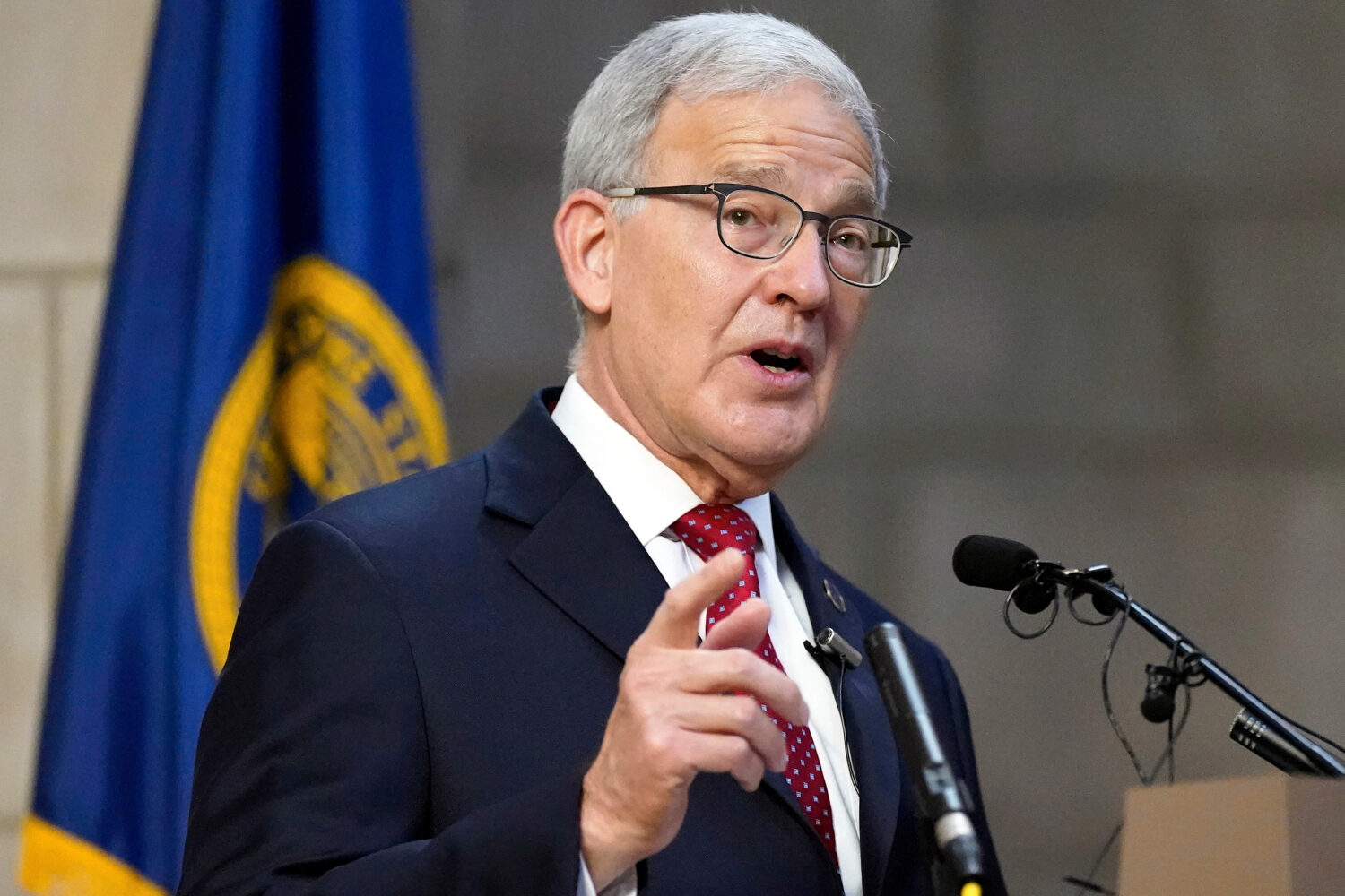 FILE - Nebraska Secretary of State Bob Evnen holds a news conference, in Lincoln, Neb., Nov. 4, 202...