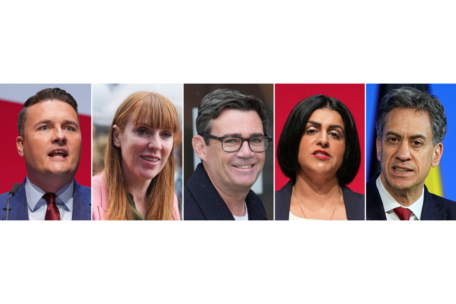 FILE - This photo combination shows, from left, Wes Streeting in Liverpool, Sept. 30, 2025, Angela ...