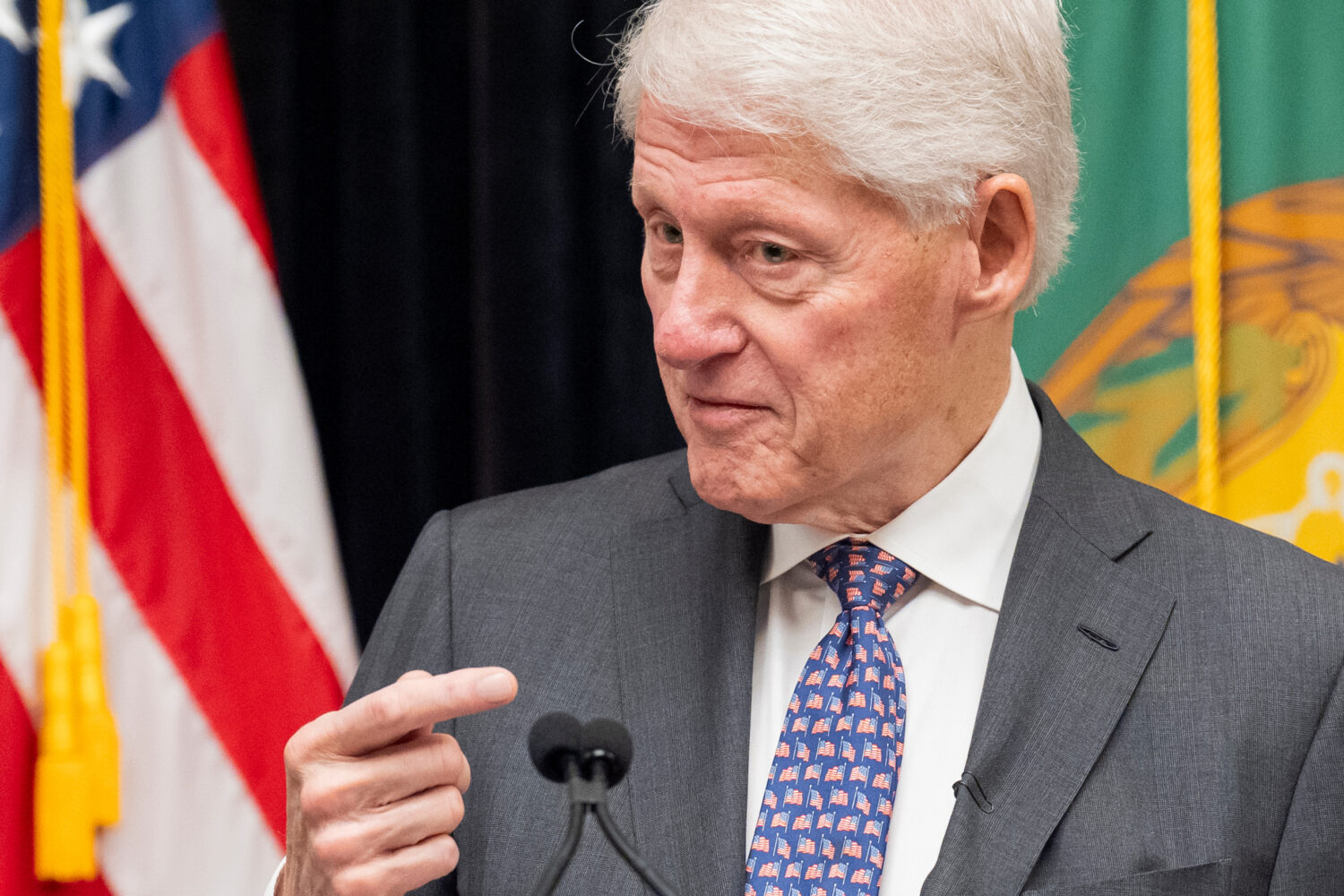 FILE - Former President Bill Clinton speaks in the Cash Room of the Treasury Department during an e...