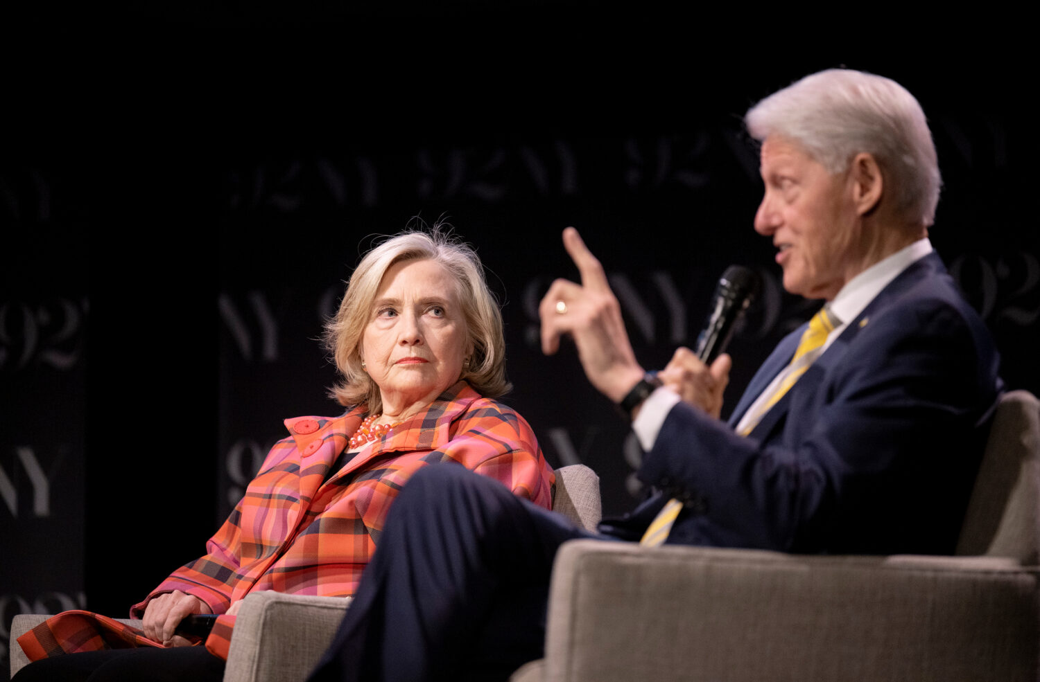 FILE - President Bill Clinton, right, with Secretary Hillary Rodham Clinton, at the 92nd Street Y, ...