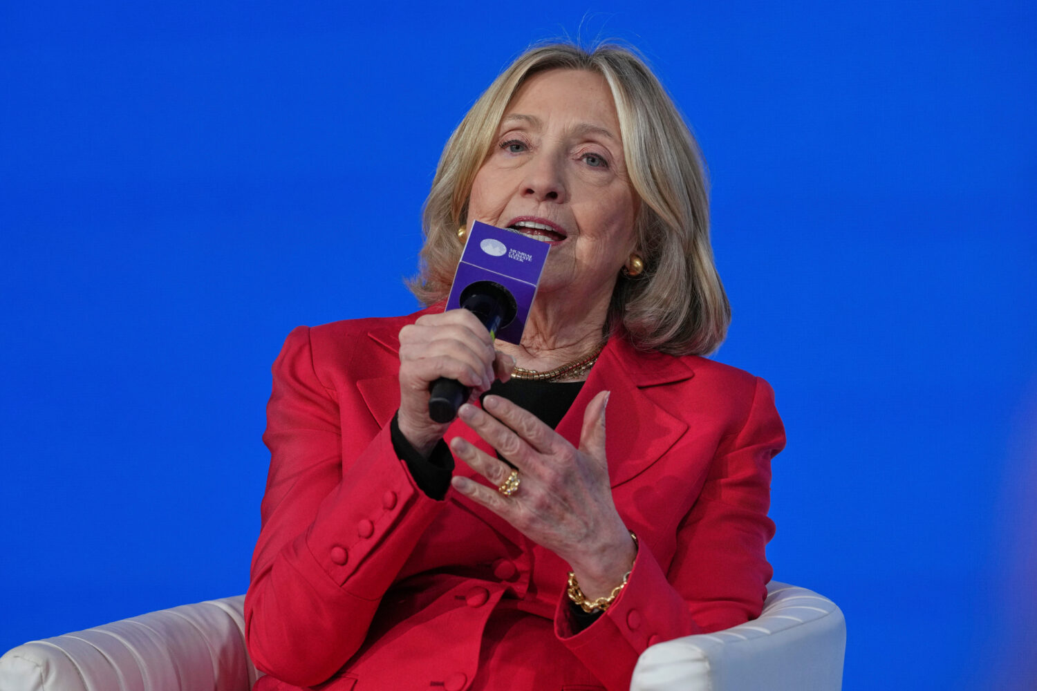 FILE - Former Secretary of State Hillary Clinton speaks at the inaugural Mumbai Climate Week in Mum...