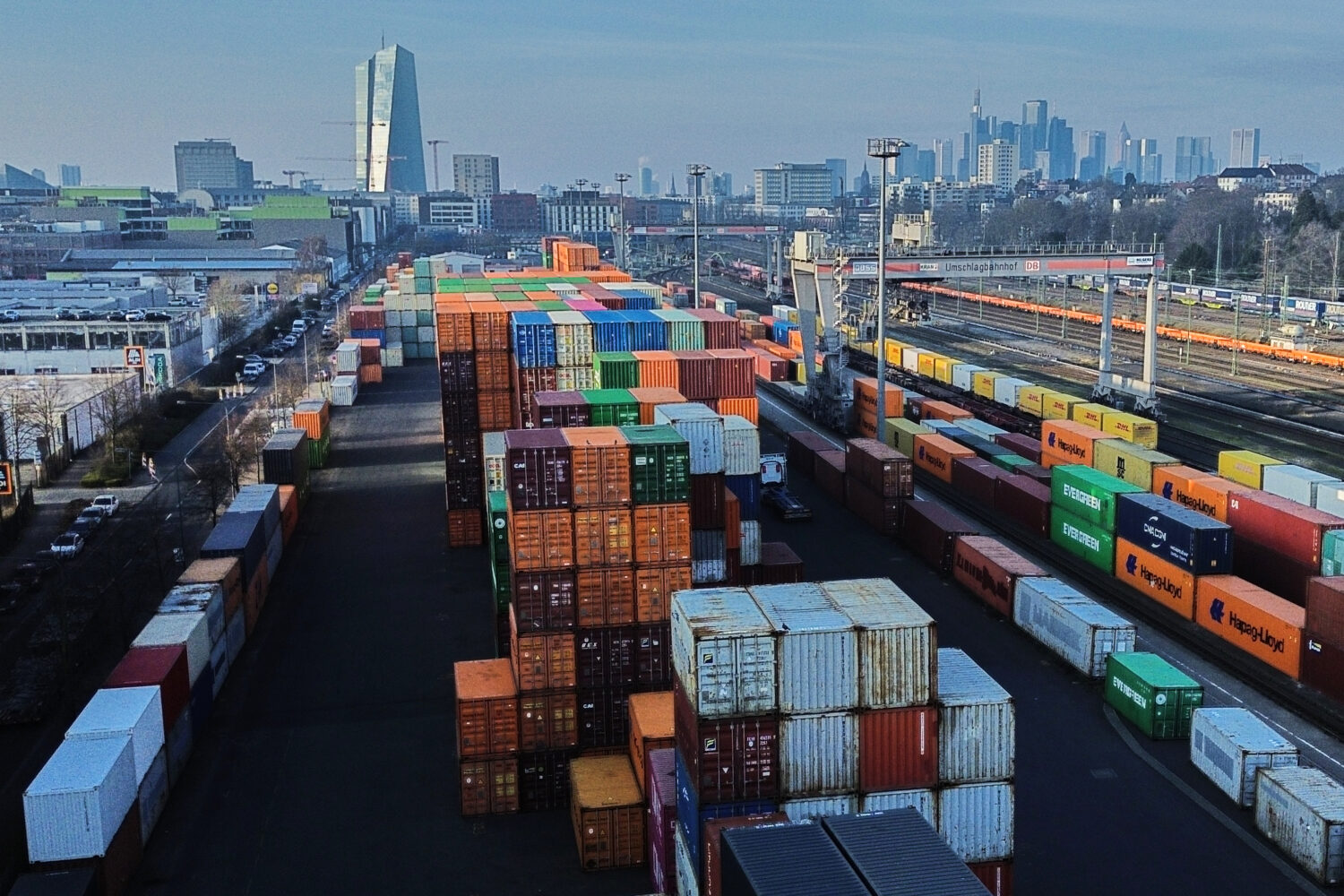 Containers are piled up at a cargo terminal in Frankfurt, Germany, Friday, Jan. 23, 2026. (AP Photo...