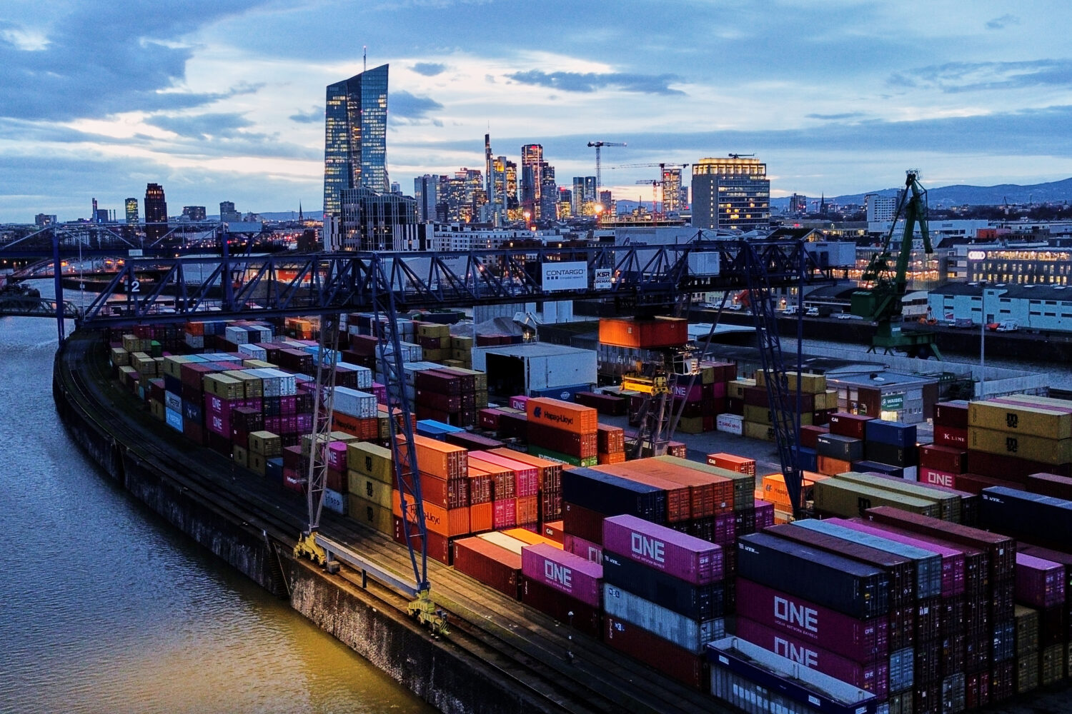 Containers are stored in a cargo terminal in Frankfurt, Germany, Monday, Feb. 23, 2026. (AP Photo/M...
