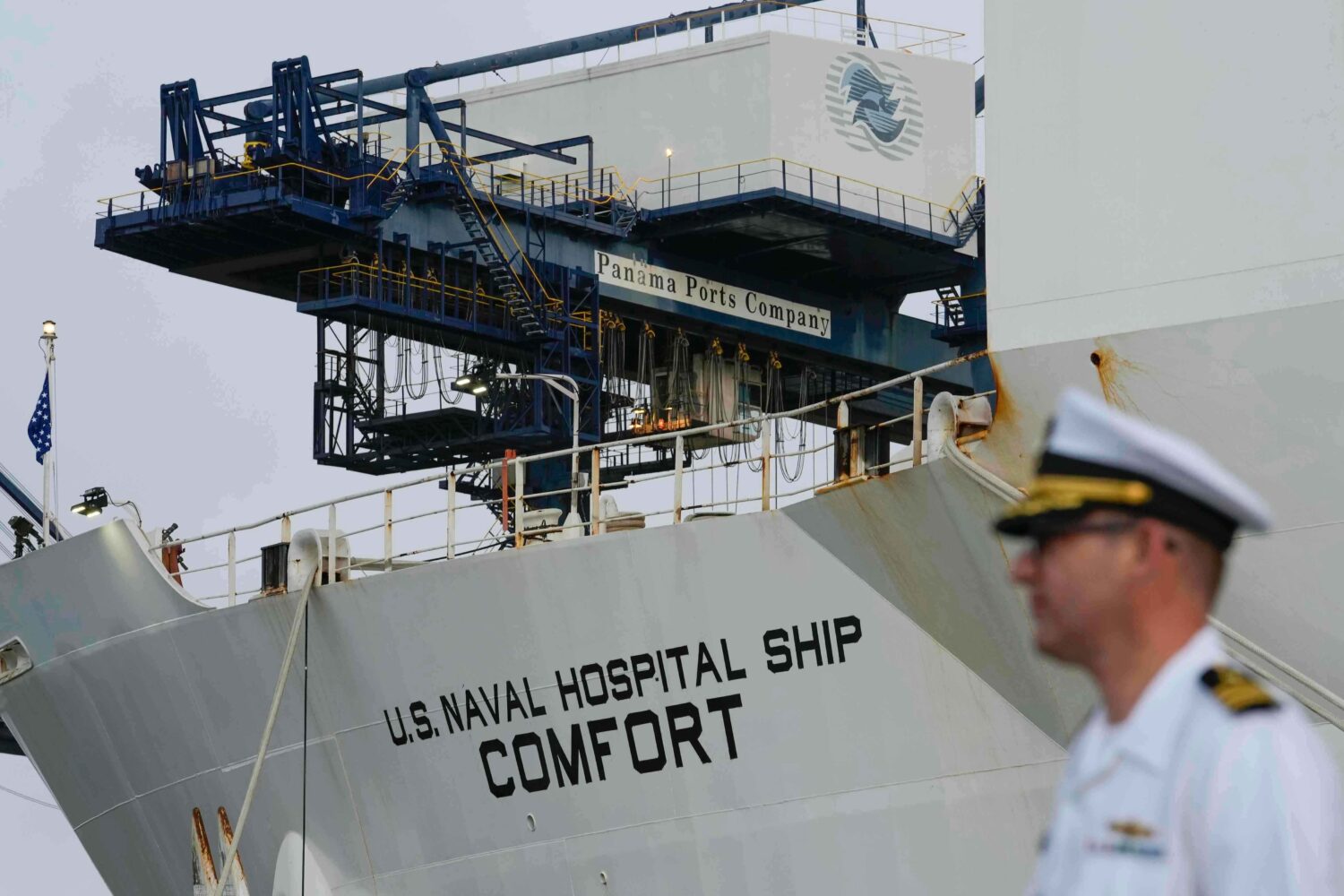 FILE - The U.S. Navy hospital ship USNS Comfort docks at the Cristobal port, operated by the Panama...