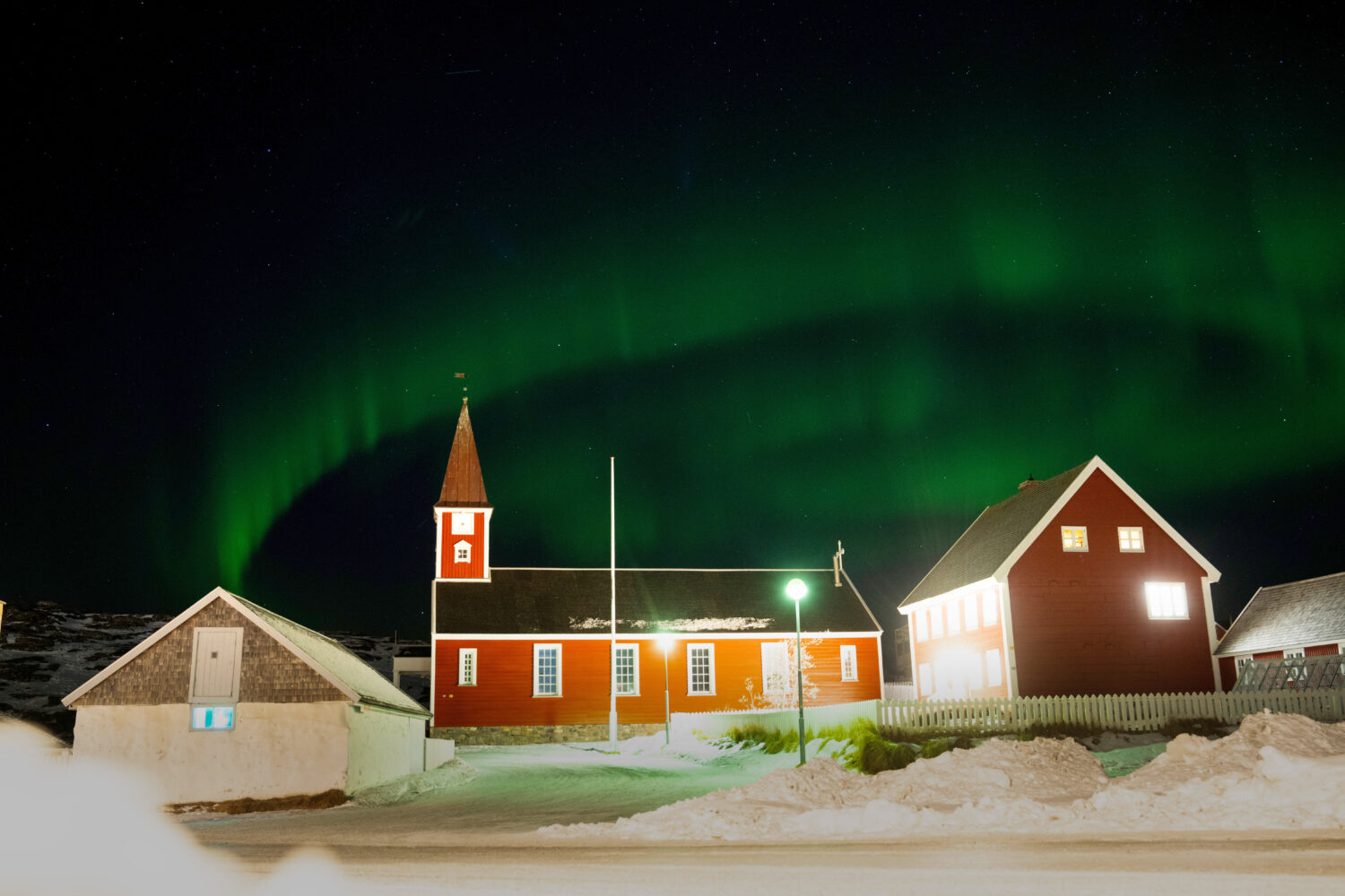 Northern Lights over the Church of Our Saviour in Nuuk, Greenland, Saturday Feb. 21, 2026. (Bo Amst...