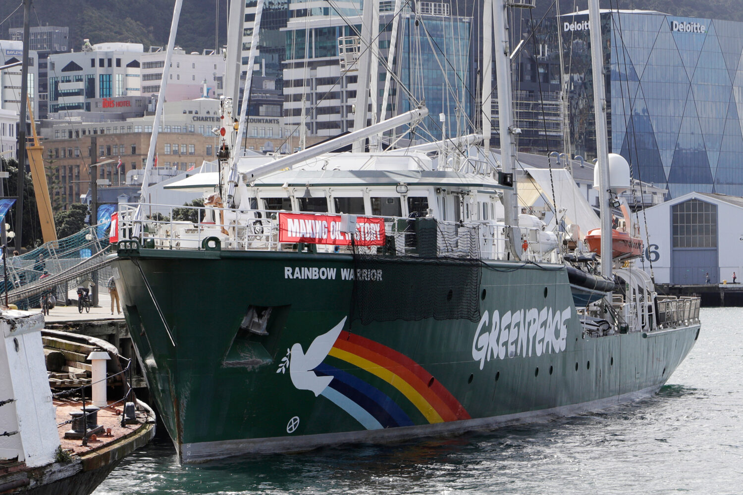 FILE 0 In this Friday Sept. 28, 2018 photo, the Greenpeace flagship the Rainbow Warrior is docked i...