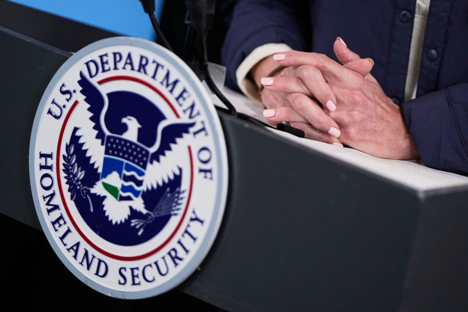 Homeland Security Secretary Kristi Noem speaks during a news conference at Federal Emergency Manage...