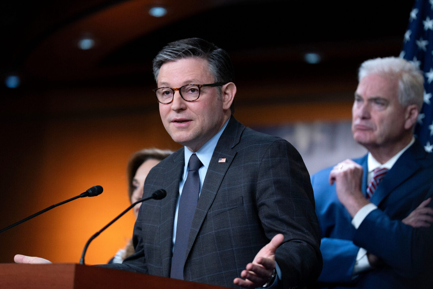 Speaker of the House Mike Johnson, R-La., speaks during a news conference at Capitol Hill, Tuesday,...