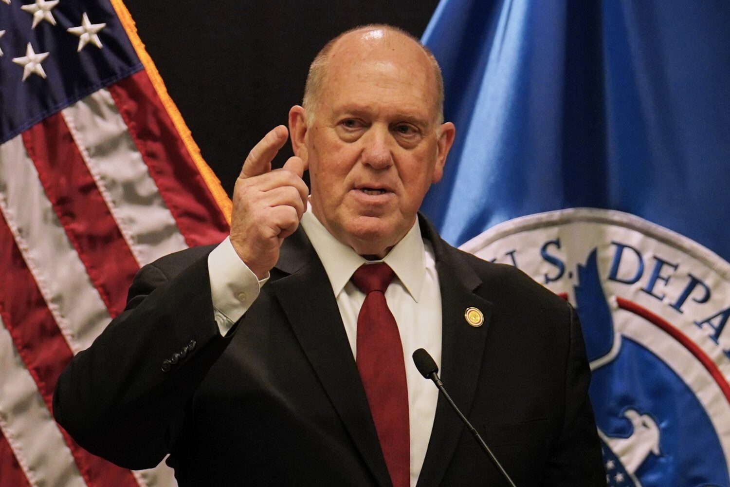 FILE - White House border czar Tom Homan holds a news conference at the Bishop Whipple Federal buil...