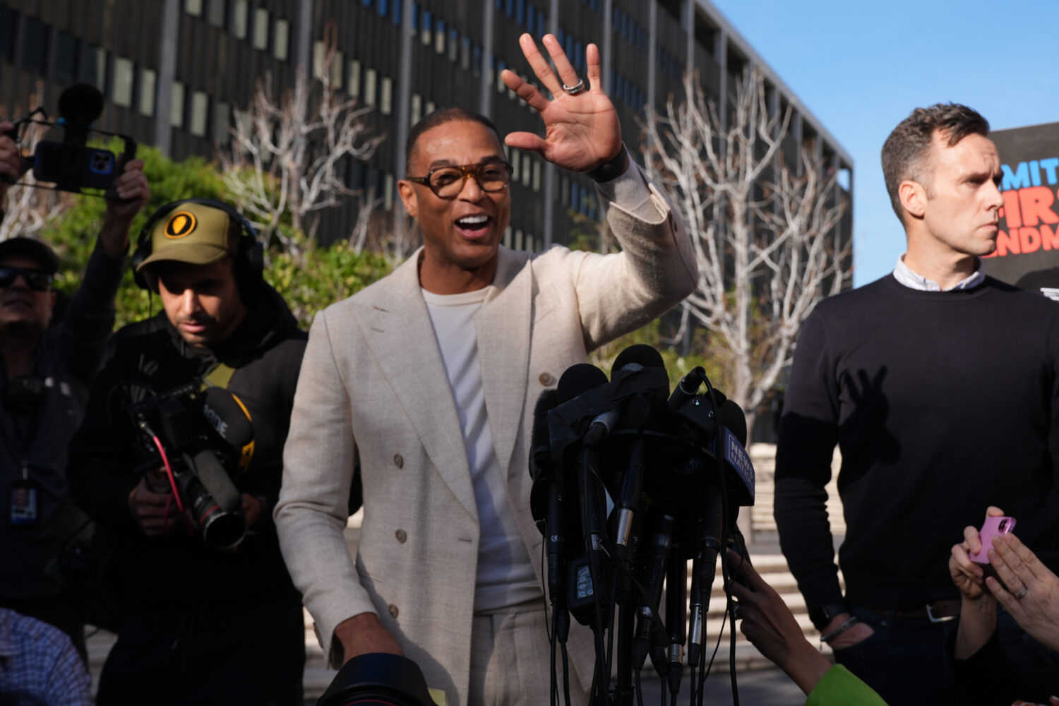Journalist Don Lemon, waves to the media after a hearing outside the Edward R. Roybal Federal Build...
