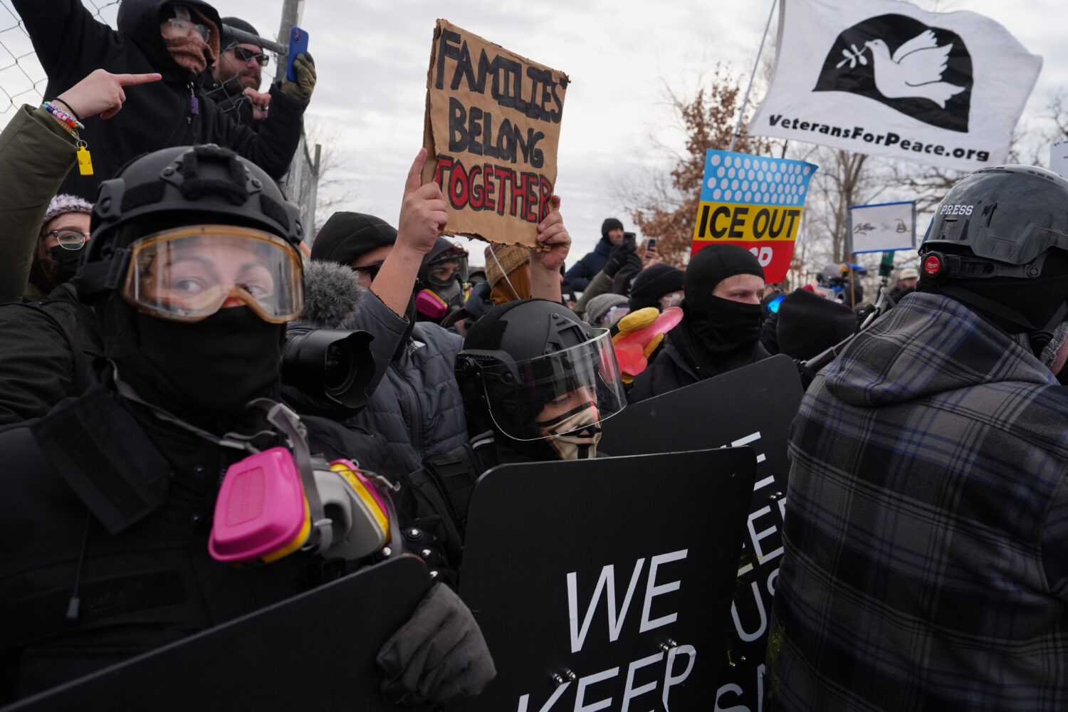 Counterprotesters demonstrate against Jake Lang on Saturday, Feb. 7, 2026, in Minneapolis. (AP Phot...