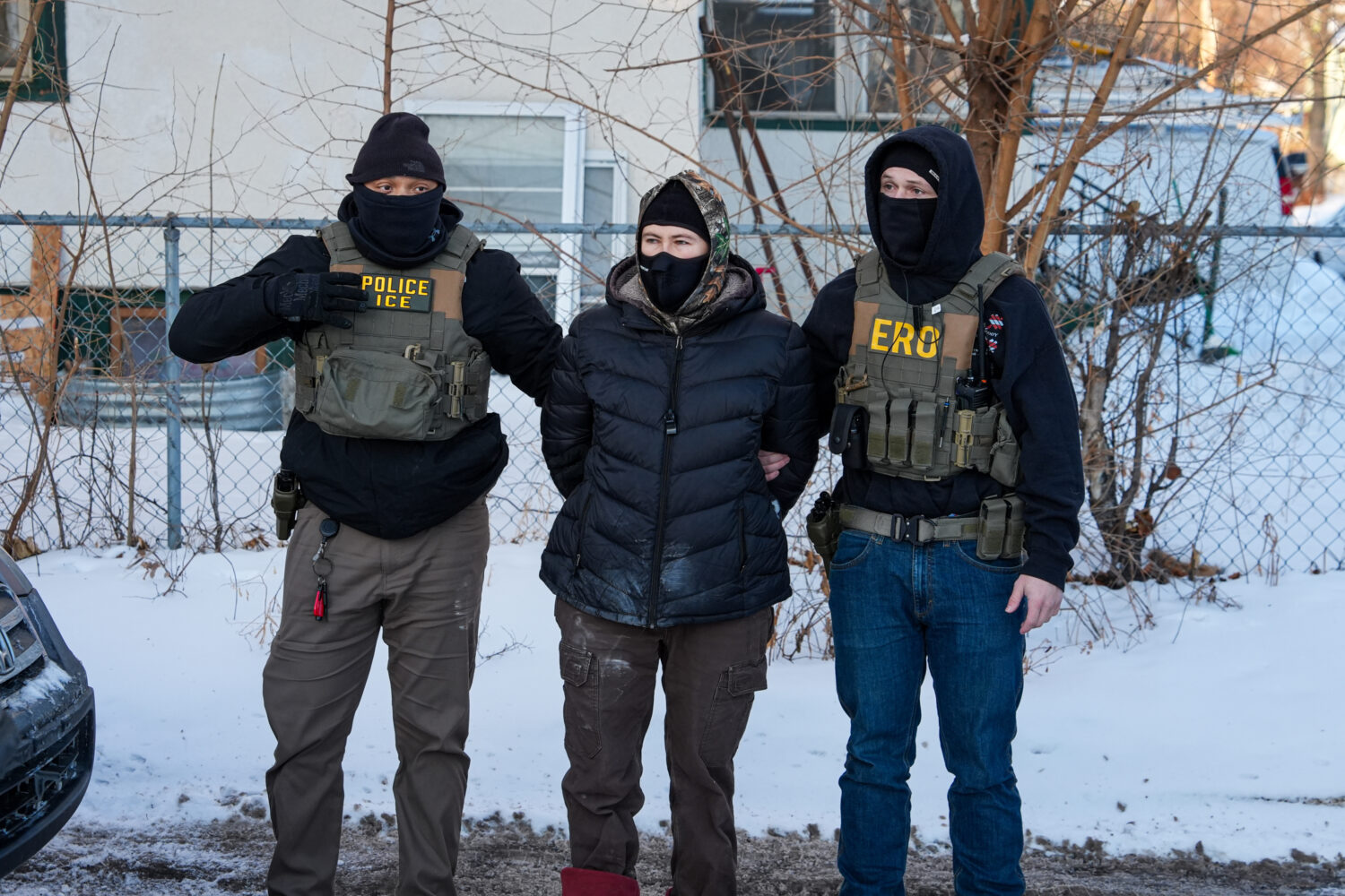 An activist is detained by federal agents on Tuesday, Feb. 3, 2026, in Minneapolis. (AP Photo/Ryan ...