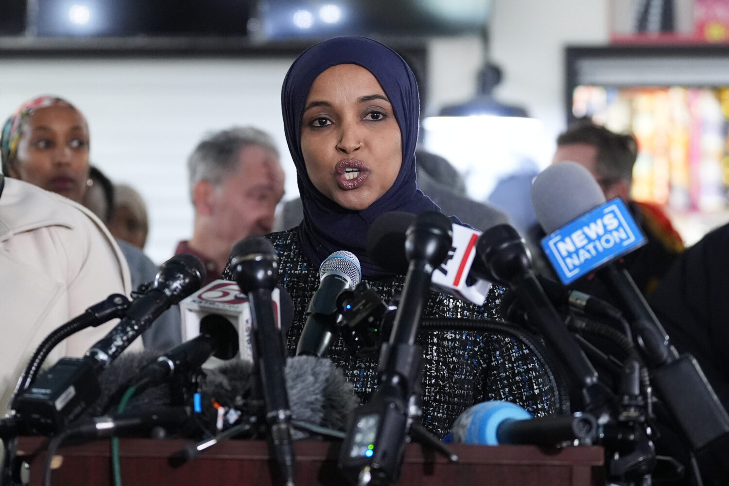 Rep. Ilhan Omar, D-Minn., speaks during a press conference on Wednesday, Jan. 28, 2026, in Minneapo...