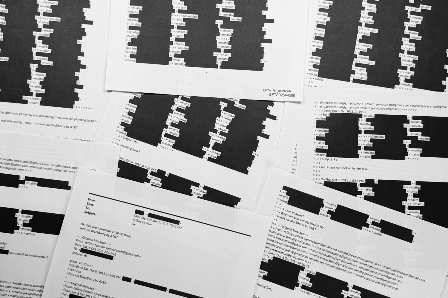 A document with an email chain from Jeffrey Epstein illustrates the amount of redactions of persona...