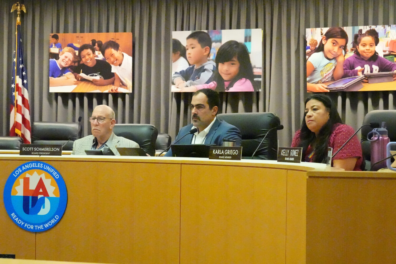 Los Angeles Unified School District board members, from left, President Scott Schmerelson, Executiv...