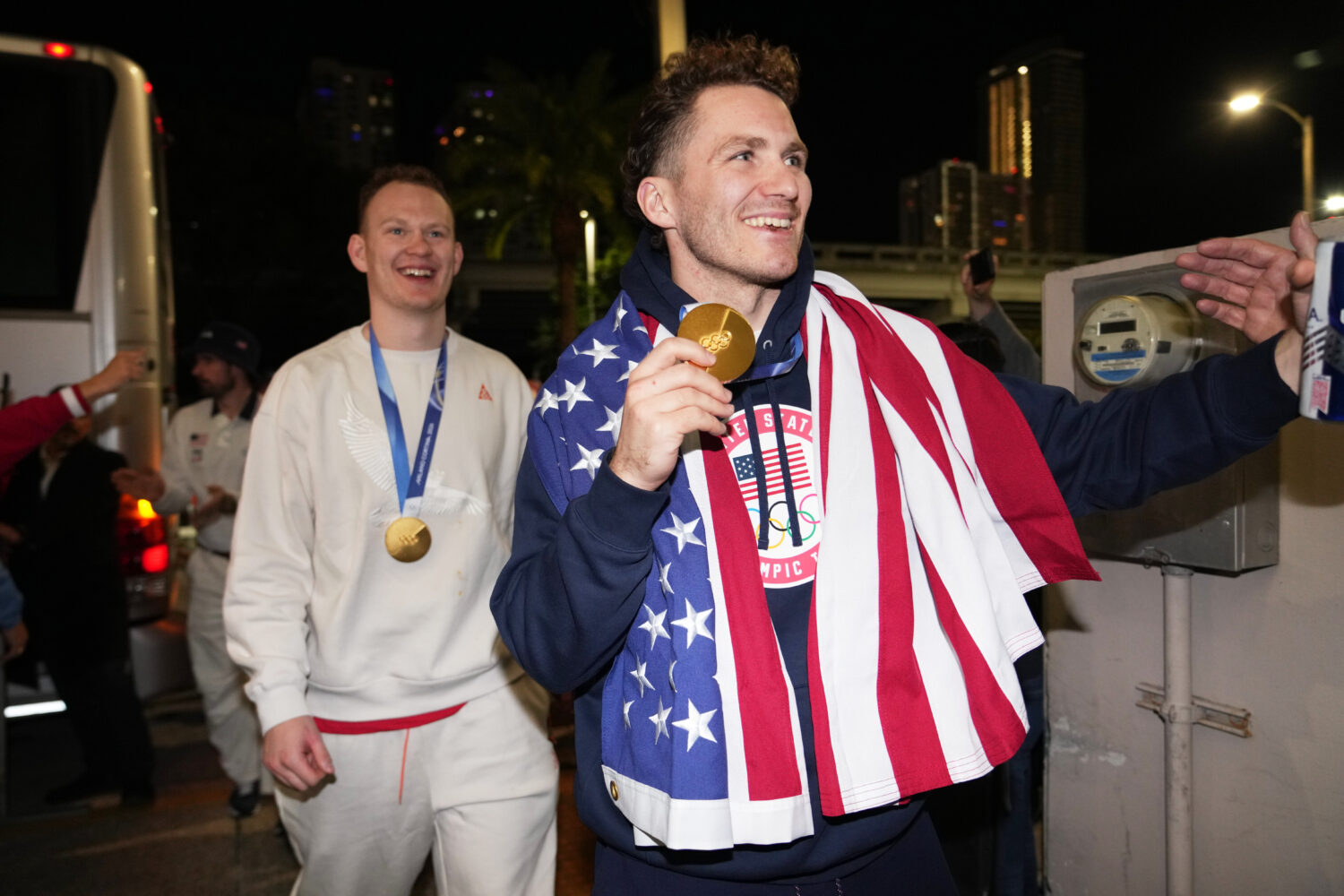 United States hockey player Matthew Tkachuk arrives at E11EVEN after the team won the gold medal at...