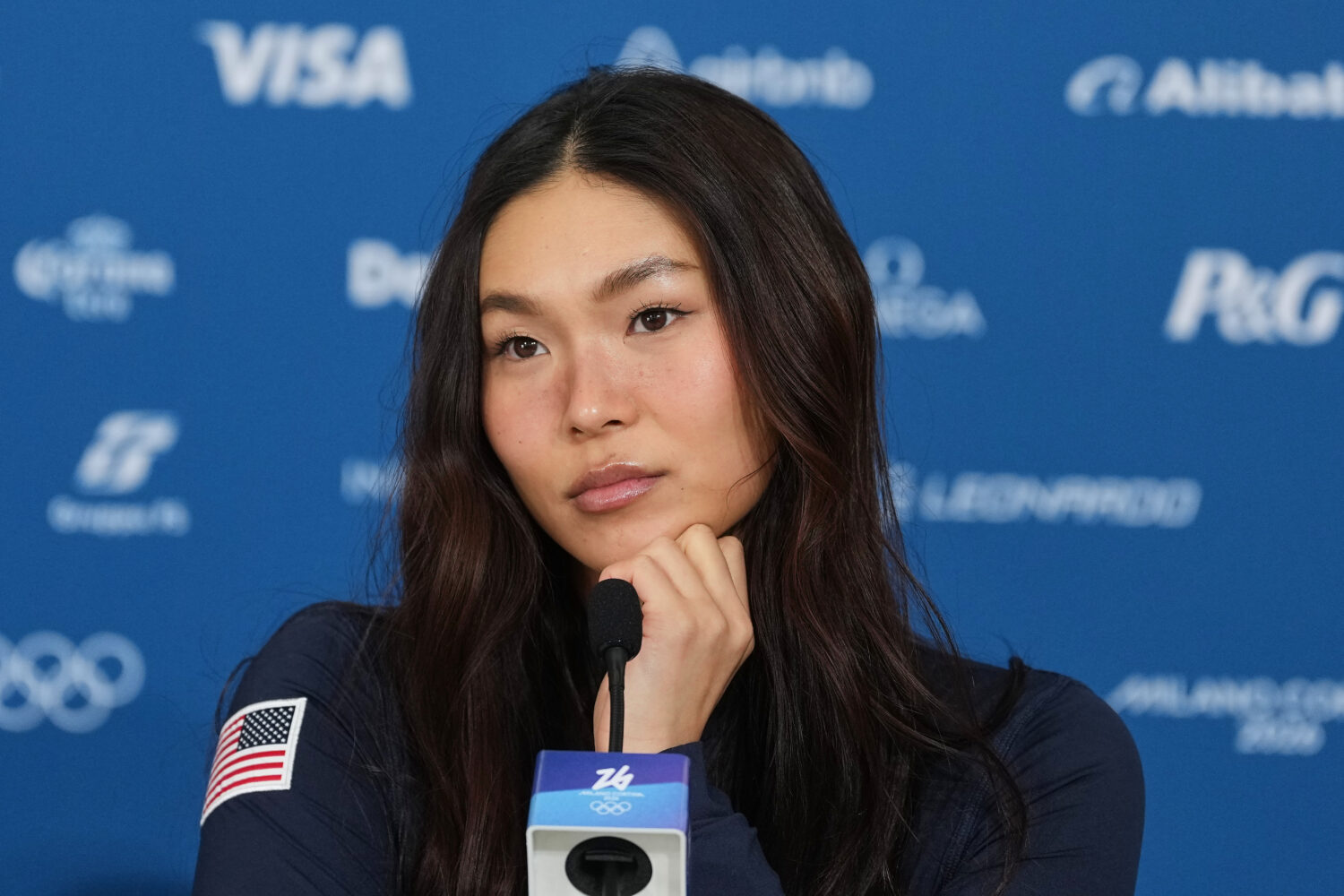 United States' Chloe Kim looks on during a press conference at the 2026 Winter Olympics, in Livigno...